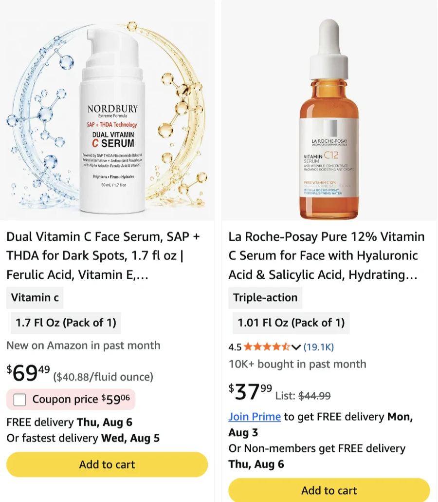 Two Amazon search tiles side by side: one with a clip coupon showing a coupon price, one with a plain struck-through List price