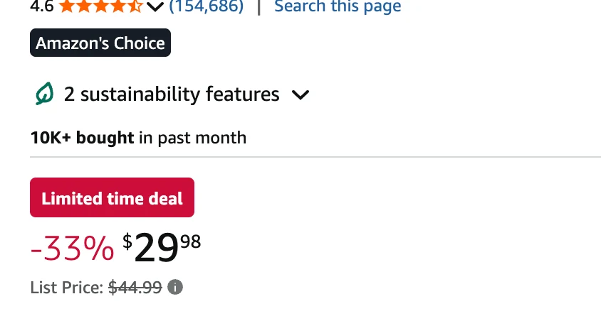 Amazon product page price block with a red Limited time deal badge, 33 percent off, and a struck-through List Price