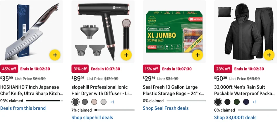 Amazon Lightning Deals with countdown badges, percent-claimed progress bars, and struck-through list prices
