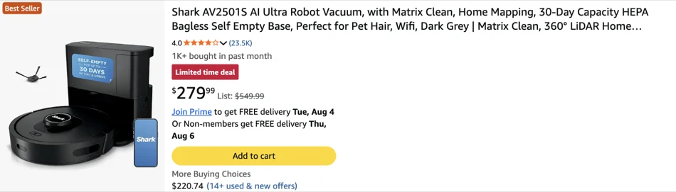 An organic Amazon search result carrying a Limited time deal badge and a struck-through List price