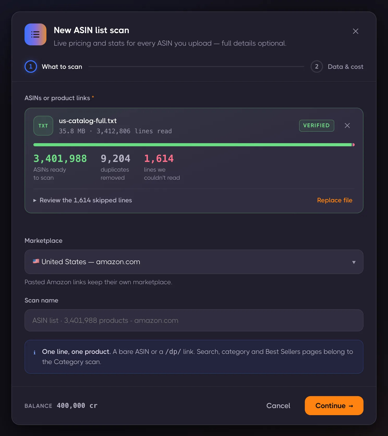 The upload step: a 3.4-million-line file resolved into a verified list, with duplicates and unreadable lines counted before anything is billed